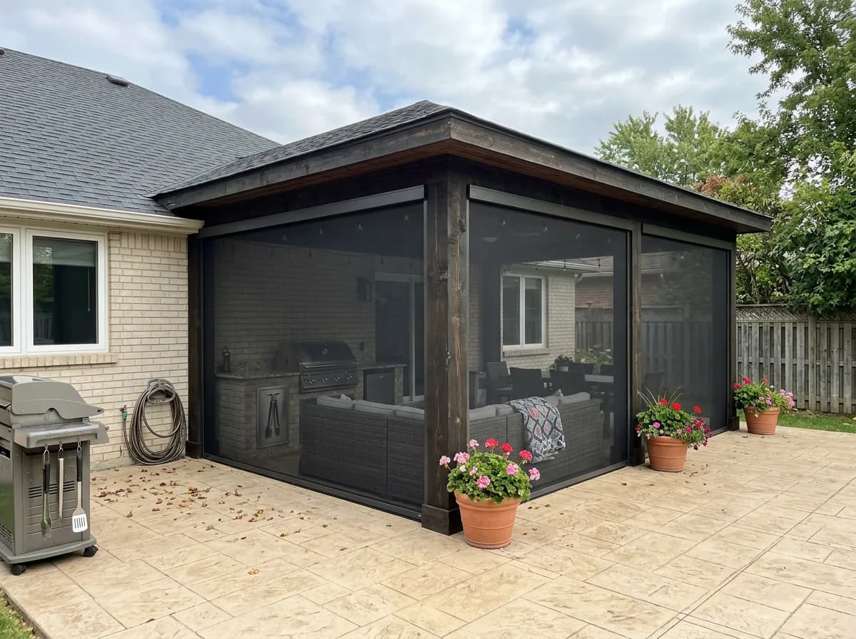 Brick Ontario home with dark deployed retractable shades on the covered patio, BBQ and red flower planters