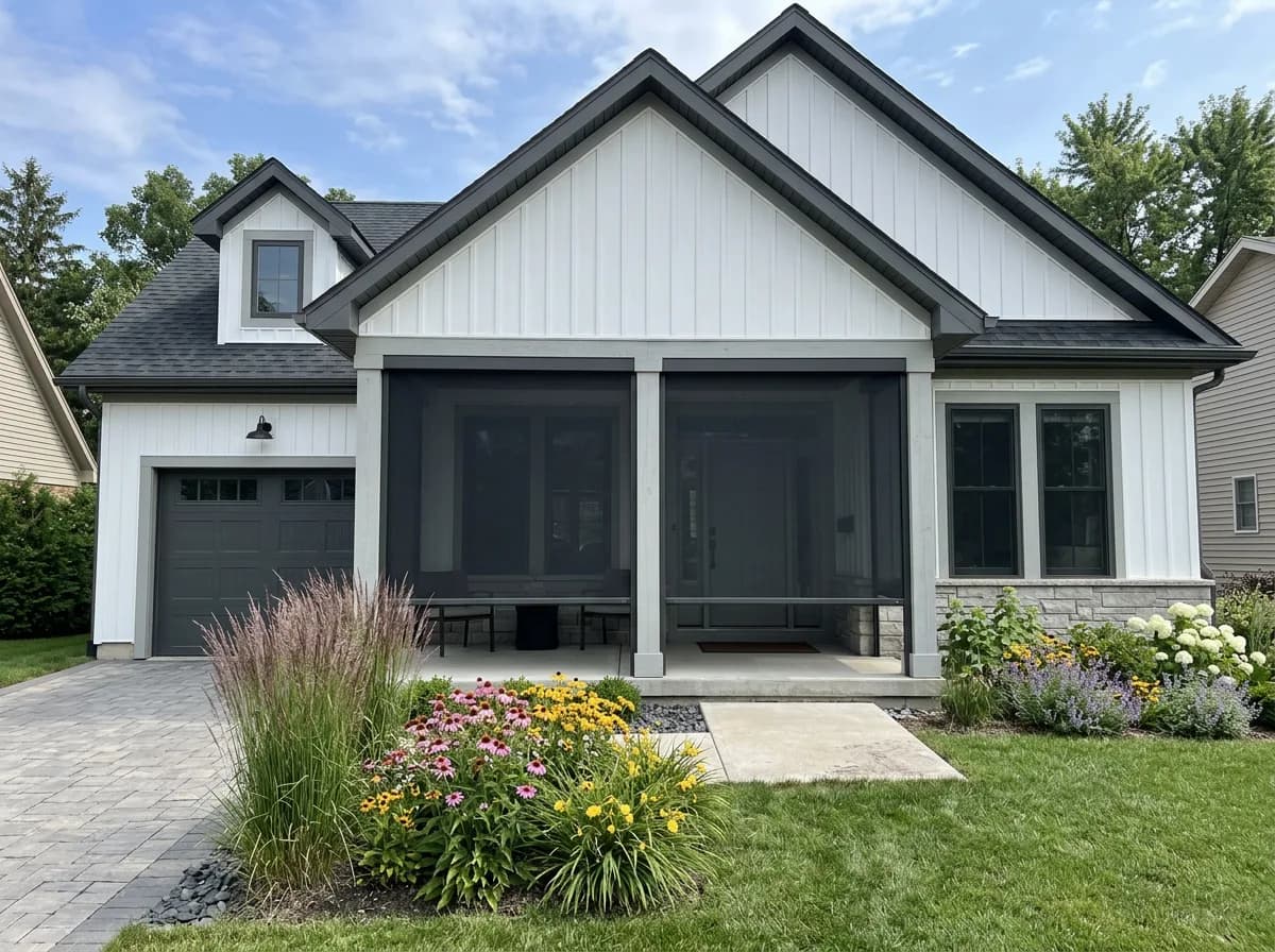 Modern farmhouse front exterior with attached garage and dark retractable shades on the front porch windows