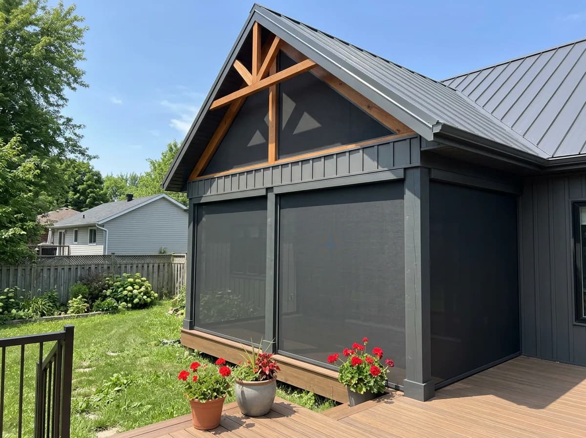 Modern barn-style covered patio with deployed dark retractable shades and flower pots framing the deck