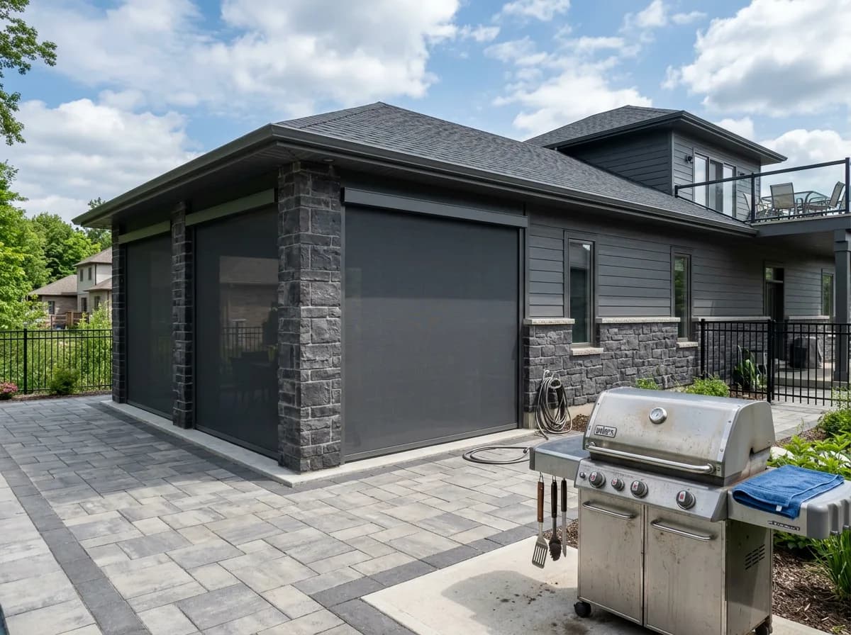 Modern stone-and-dark Ontario home with BBQ on a covered patio and dark retractable shades framing the stone columns