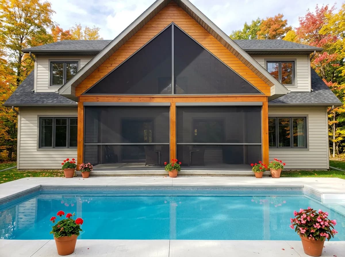 Cottage-style Ontario home with deployed dark retractable shades and a pool reflecting fall colors
