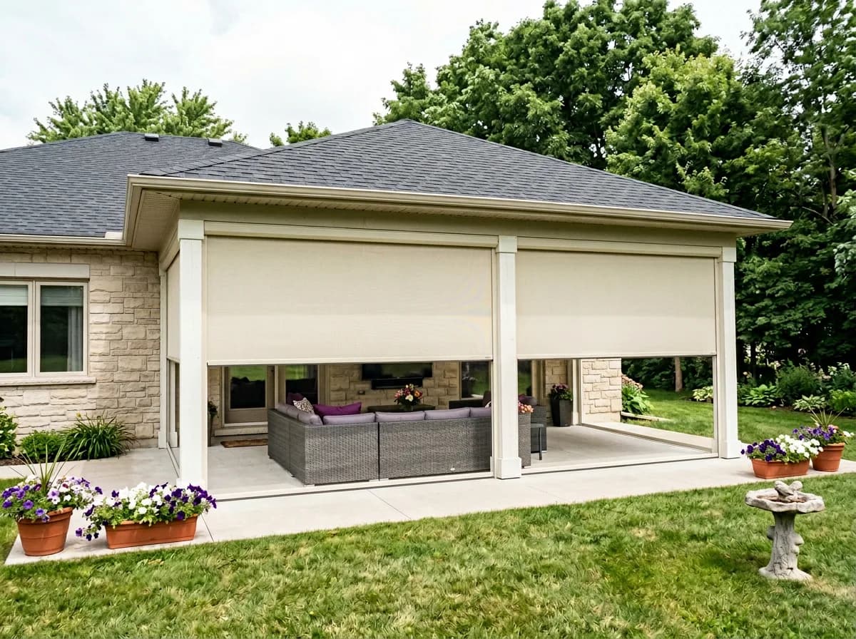Stone Ontario home with a wide covered patio and cream retractable solar shades partially deployed