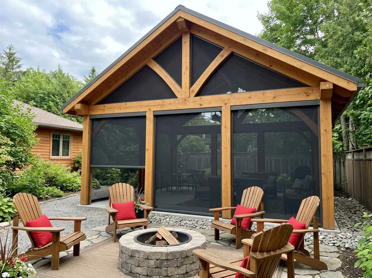 Timber gable cabin with deployed black retractable mesh and a fire pit ringed by Adirondack chairs
