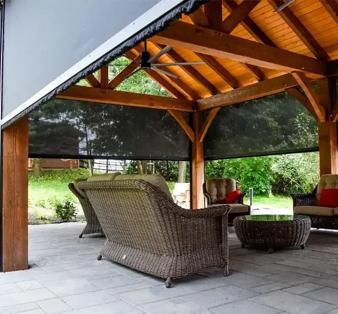Timber pavilion with insect mesh deployed on three sides